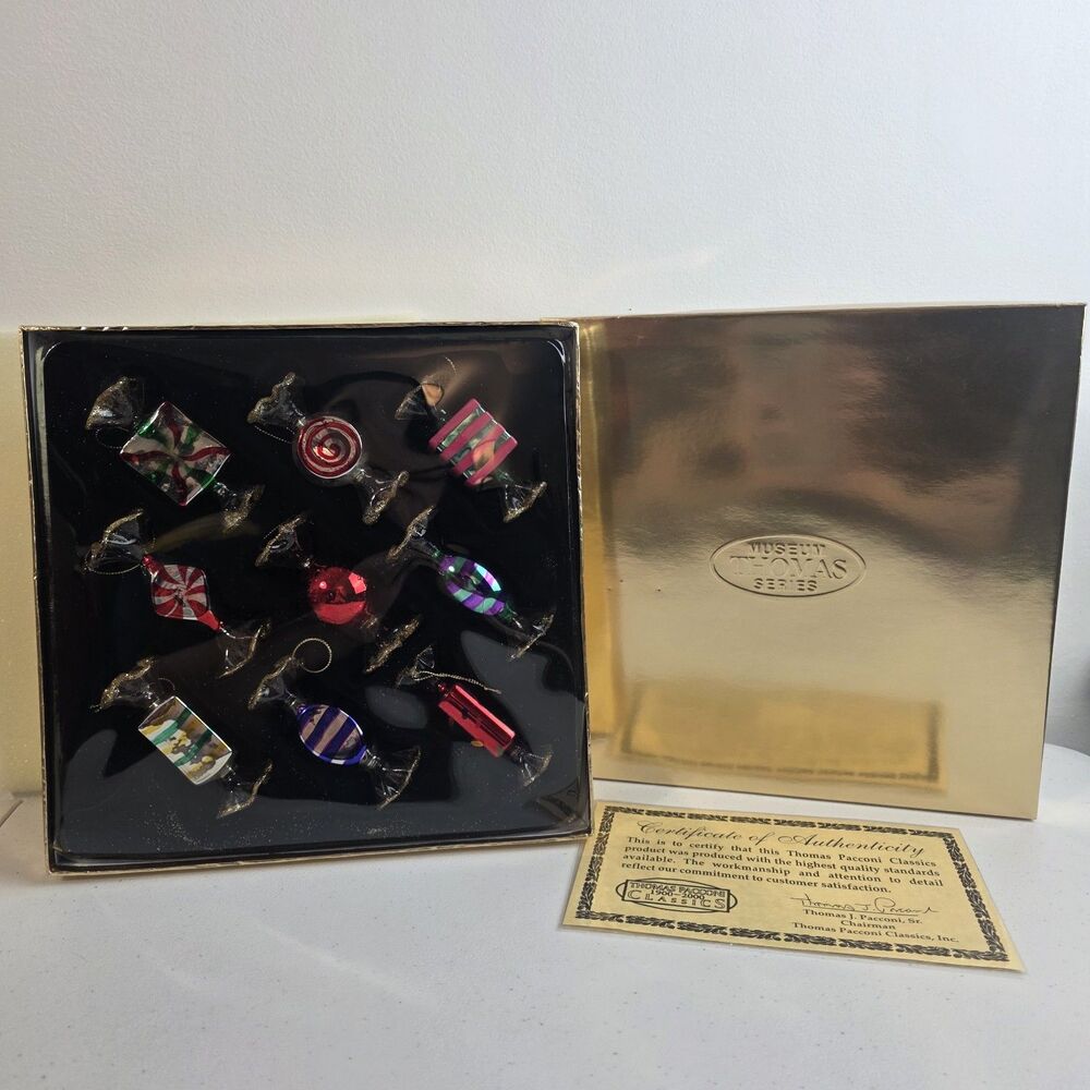 Thomas Pacconi Hand Blown Glass Candy Christmas Tree Ornaments Box 9 Pc New Vtg
